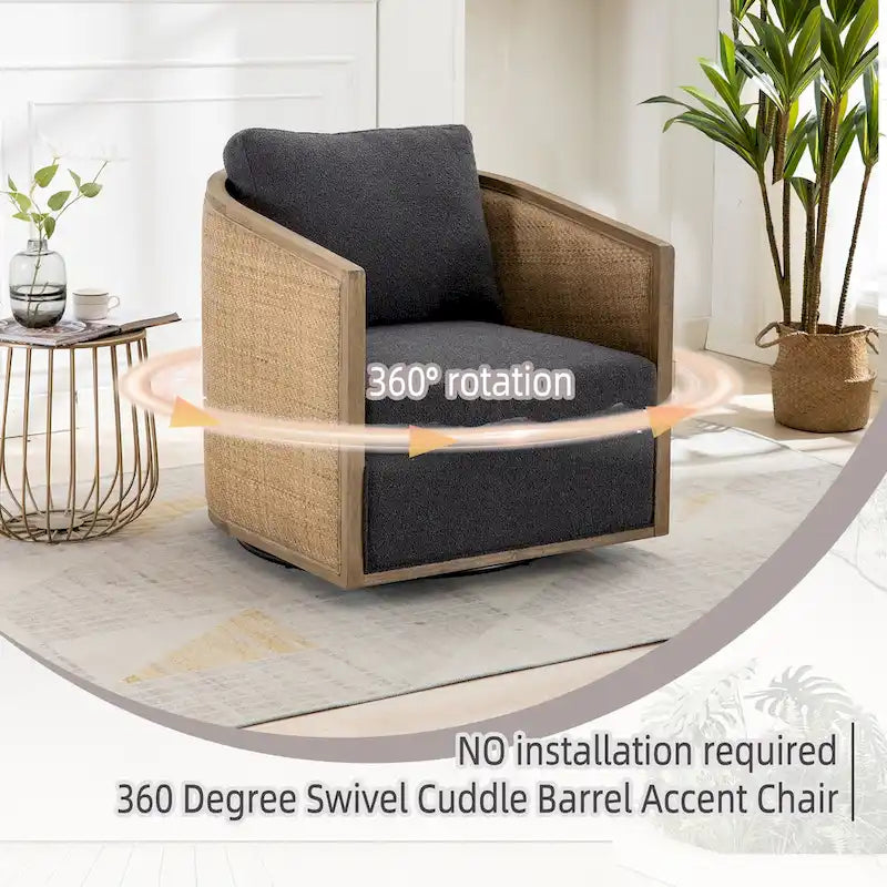 Poltrona a botte girevole a 360° rivestita in Carbon Black 30.12 con robusta struttura in legno massello
