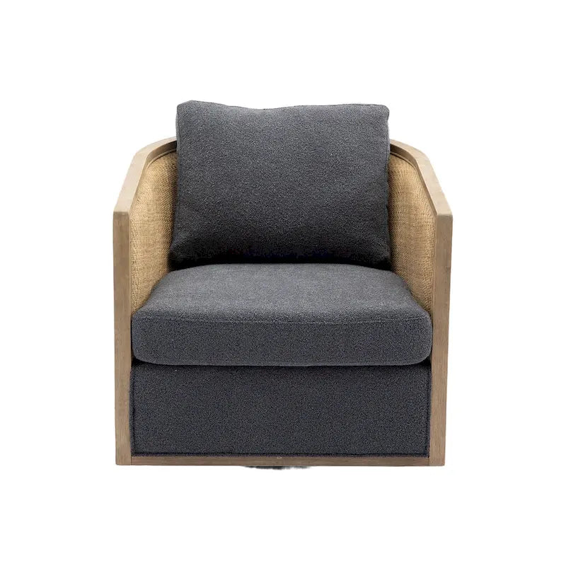 Poltrona a botte girevole a 360° rivestita in Carbon Black 30.12 con robusta struttura in legno massello