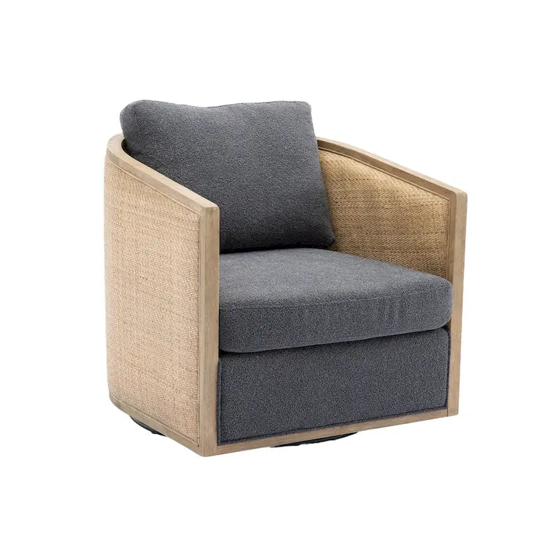 Poltrona a botte girevole a 360° rivestita in Carbon Black 30.12 con robusta struttura in legno massello