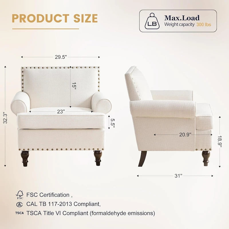 Poltrona moderna beige con 31 borchie