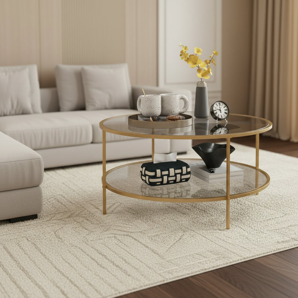 Side Table with Storage, 36 Round End Table, 2-Tier Tempered Glass Coffee Table with Steel Frame for Living Room, Gold