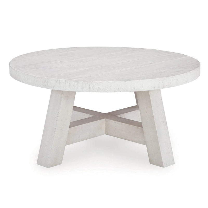 Tavolino da caffè rotondo, gambe rustiche, 100 cm, pino bianco anticato