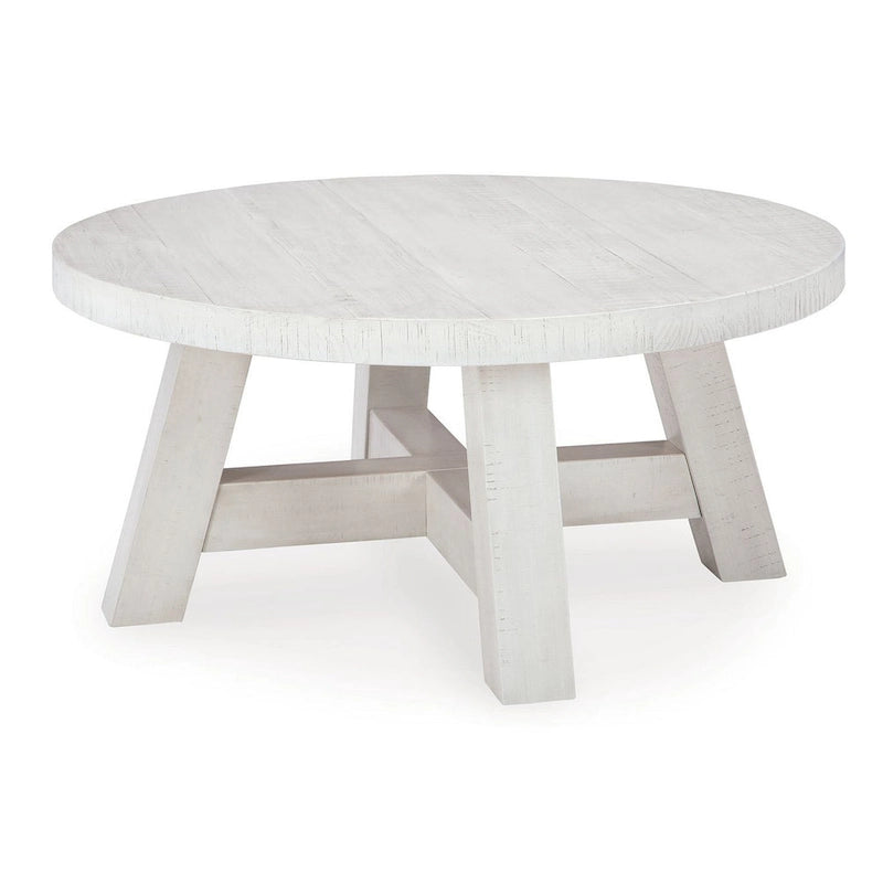 Tavolino da caffè rotondo, gambe rustiche, 100 cm, pino bianco anticato