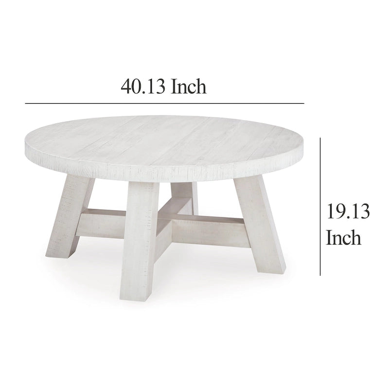 Tavolino da caffè rotondo, gambe rustiche, 100 cm, pino bianco anticato