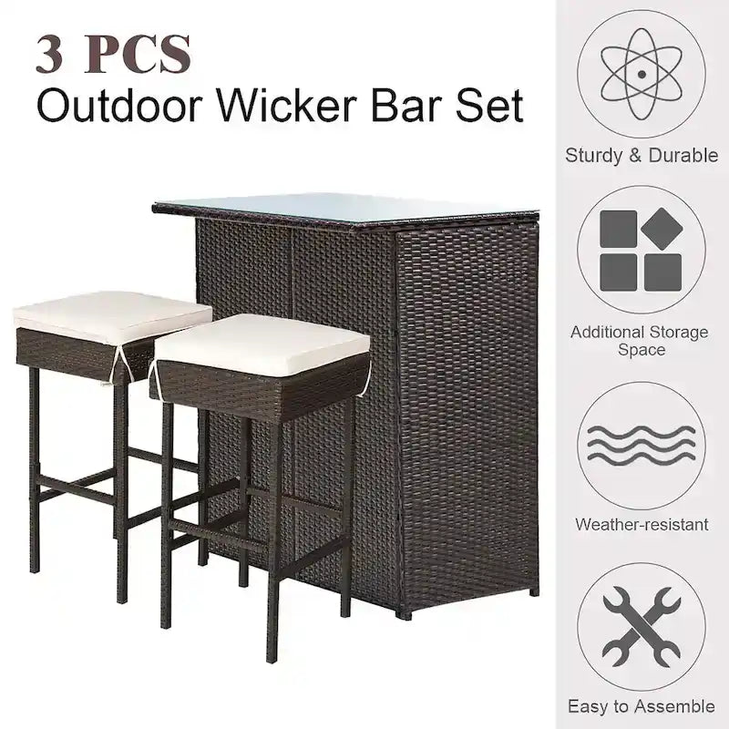 Set da Pranzo 3 Pezzi in Rattan e Vimini per Patio, con Tavolo Bar e Sgabelli, Imbottiti