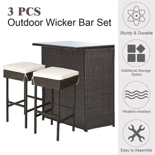 Set da Pranzo 3 Pezzi in Rattan e Vimini per Patio, con Tavolo Bar e Sgabelli, Imbottiti