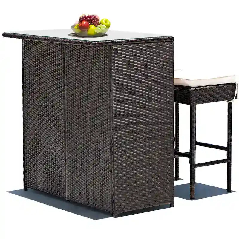 Set da Pranzo 3 Pezzi in Rattan e Vimini per Patio, con Tavolo Bar e Sgabelli, Imbottiti