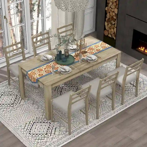 7 Piece Wooden Furniture Set, Extendable Kitchen Table Set with Leaf and 2 Drawers, 6 Upholstered Dining Chairs