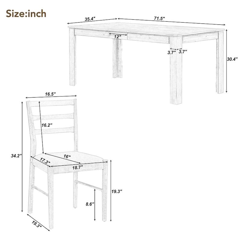 Set di mobili in legno da 7 pezzi, set da cucina con tavolo allungabile con prolunga e 2 cassetti, 6 sedie da pranzo imbottite