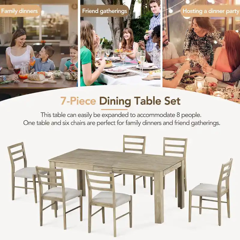 Set di mobili in legno da 7 pezzi, set da cucina con tavolo allungabile con prolunga e 2 cassetti, 6 sedie da pranzo imbottite