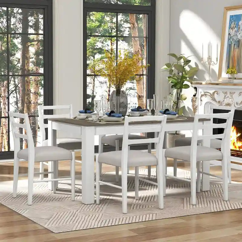 Set di mobili in legno da 7 pezzi, set da cucina con tavolo allungabile con prolunga e 2 cassetti, 6 sedie da pranzo imbottite