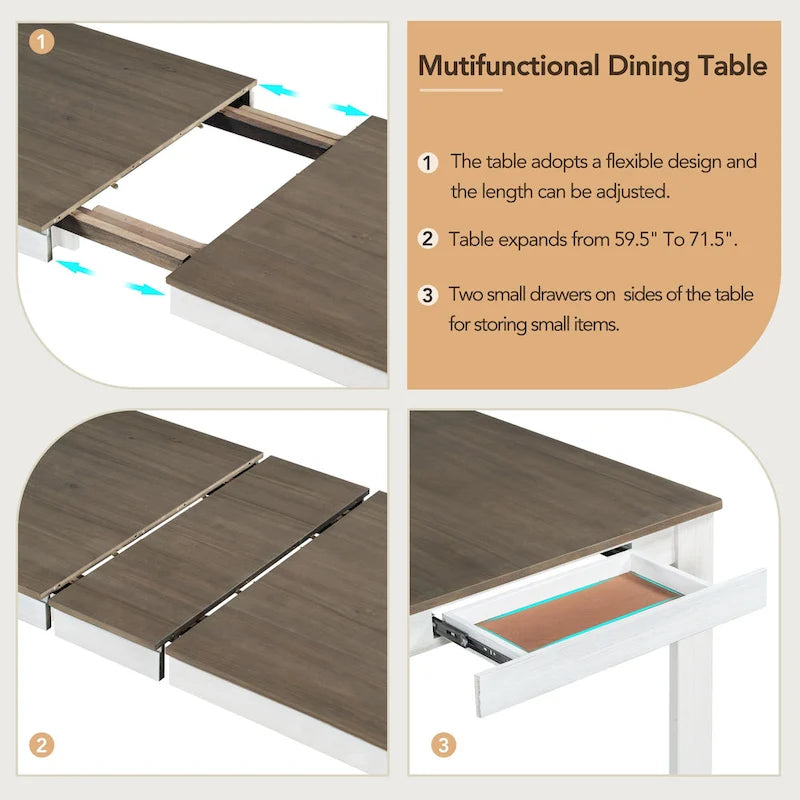 Set di mobili in legno da 7 pezzi, set da cucina con tavolo allungabile con prolunga e 2 cassetti, 6 sedie da pranzo imbottite