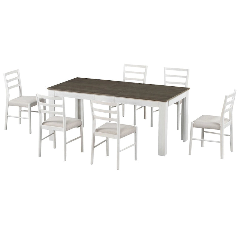 Set di mobili in legno da 7 pezzi, set da cucina con tavolo allungabile con prolunga e 2 cassetti, 6 sedie da pranzo imbottite