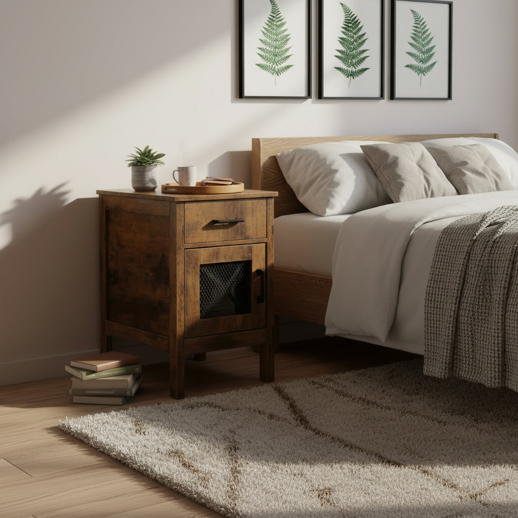 Natural Wood Particle Board End Table with Drawer and Power Strip - 23.98 L x 14.02 W x 24.02 H