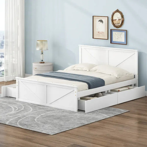 Antique White Queen Size Wooden Platform Bed with Four Storage Drawers