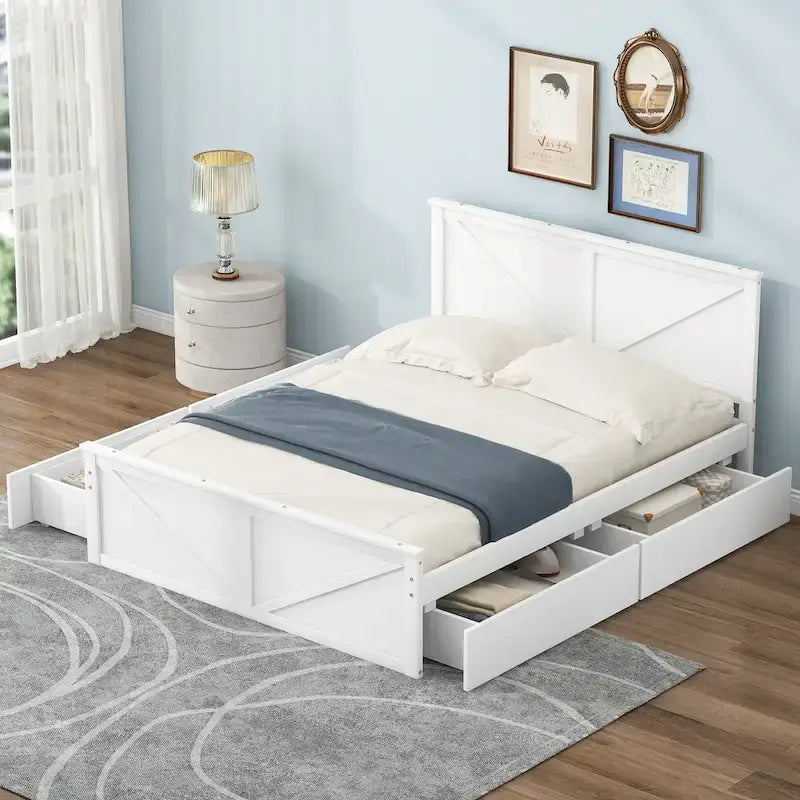 Letto matrimoniale "Queen Size" in legno anticato bianco con base a piattaforma e quattro cassetti contenitore