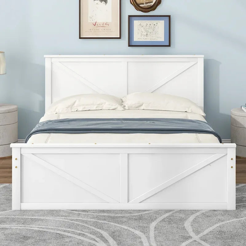 Letto matrimoniale "Queen Size" in legno anticato bianco con base a piattaforma e quattro cassetti contenitore