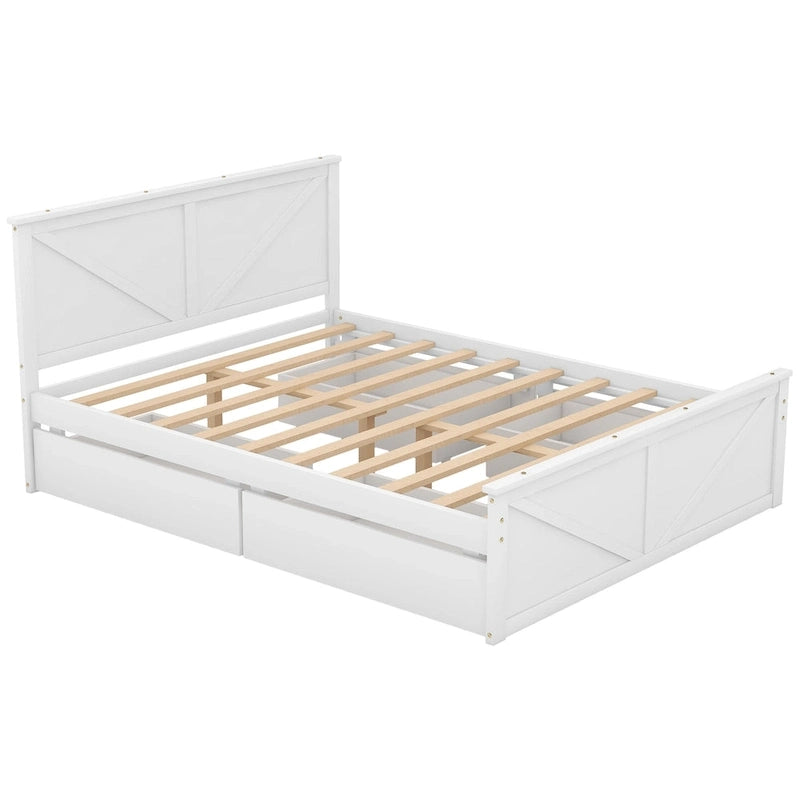 Letto matrimoniale "Queen Size" in legno anticato bianco con base a piattaforma e quattro cassetti contenitore