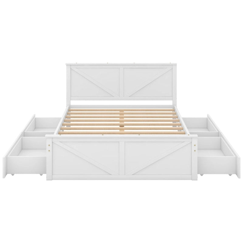 Letto matrimoniale "Queen Size" in legno anticato bianco con base a piattaforma e quattro cassetti contenitore