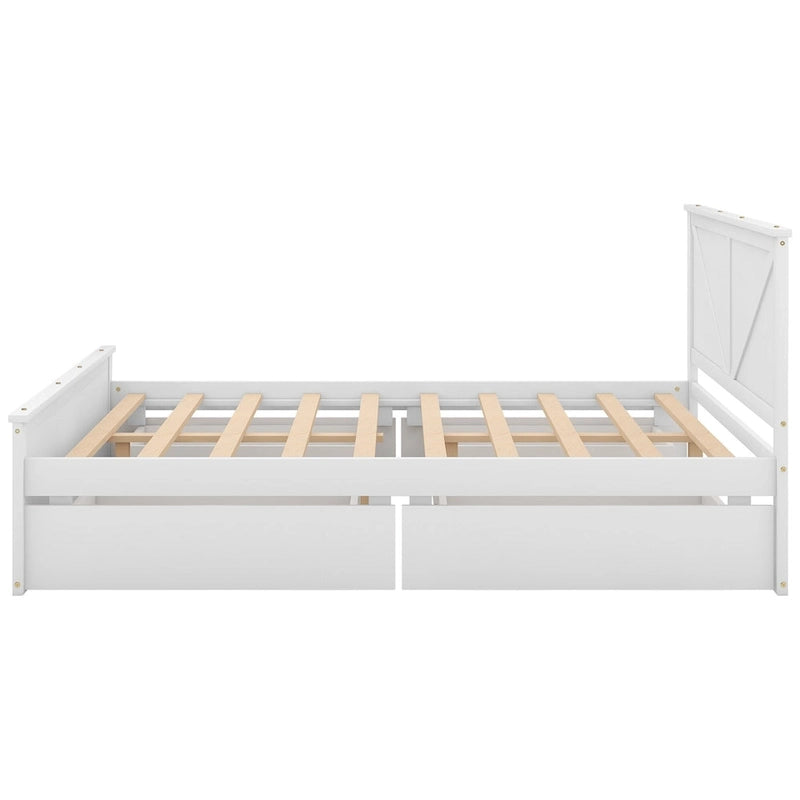 Letto matrimoniale "Queen Size" in legno anticato bianco con base a piattaforma e quattro cassetti contenitore