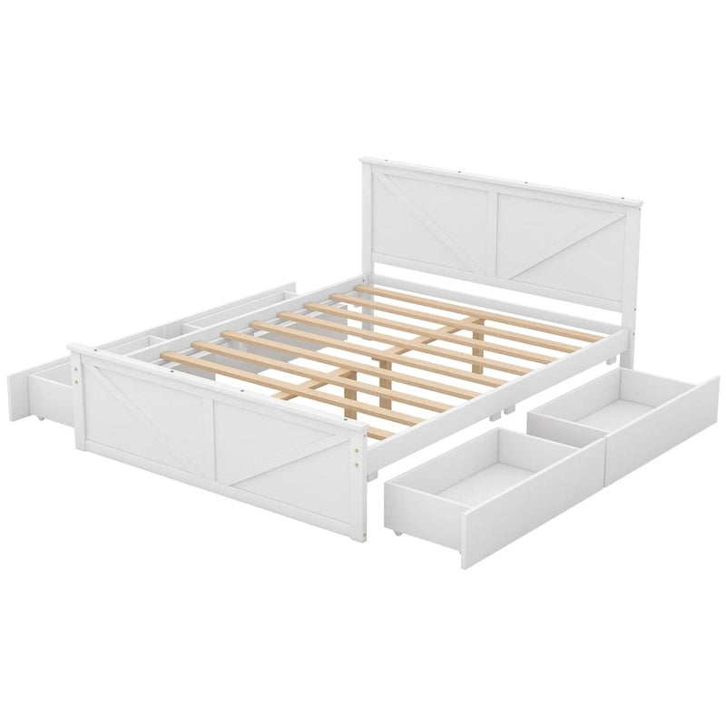 Letto matrimoniale "Queen Size" in legno anticato bianco con base a piattaforma e quattro cassetti contenitore