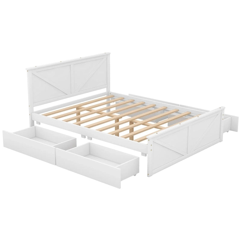 Letto matrimoniale "Queen Size" in legno anticato bianco con base a piattaforma e quattro cassetti contenitore