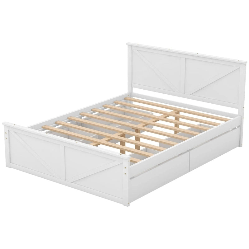 Letto matrimoniale "Queen Size" in legno anticato bianco con base a piattaforma e quattro cassetti contenitore