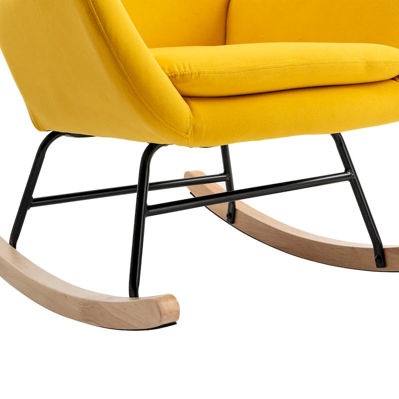 Poltrona a dondolo moderna Yellow 33.1 con schienale alto, rivestita in tessuto, con gambe in legno di gomma e struttura in metallo