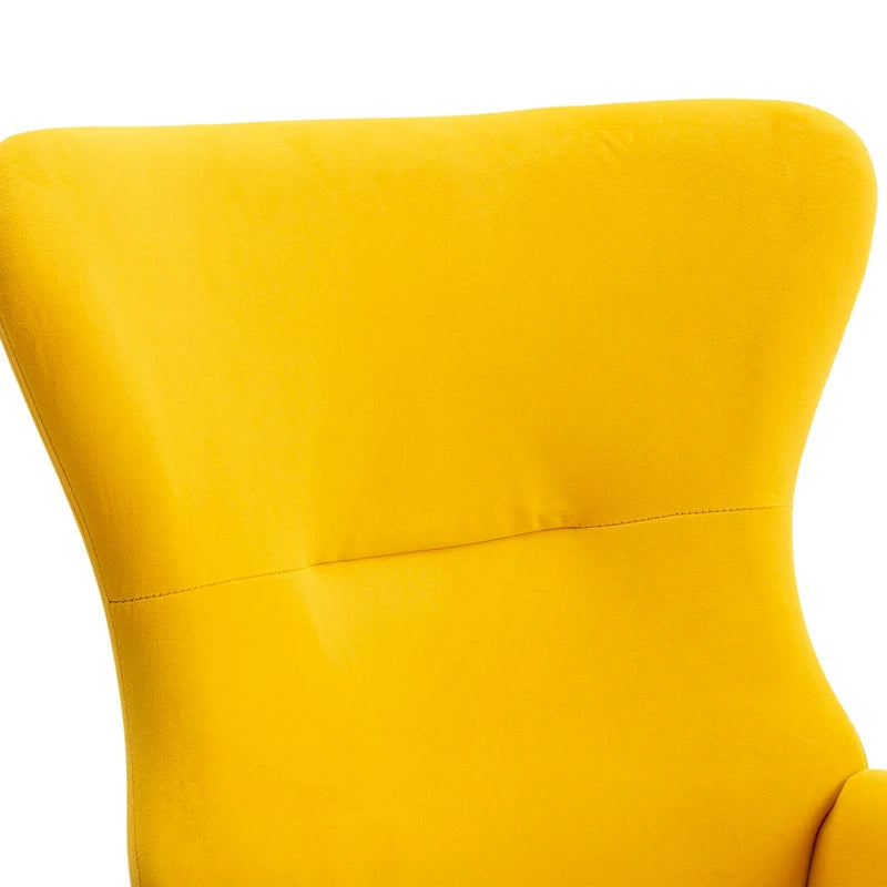 Poltrona a dondolo moderna Yellow 33.1 con schienale alto, rivestita in tessuto, con gambe in legno di gomma e struttura in metallo