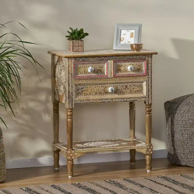 Tavolino moderno in legno da 23,75 pollici con tre cassetti e ripiano inferiore aperto per soggiorno o camera da letto