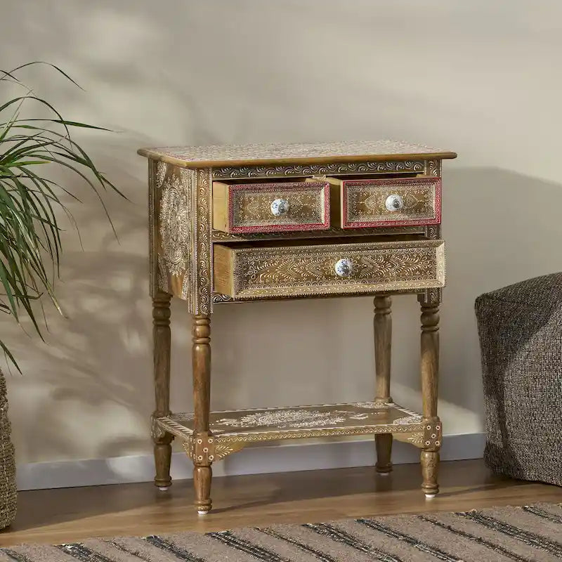 Tavolino moderno in legno da 23,75 pollici con tre cassetti e ripiano inferiore aperto per soggiorno o camera da letto