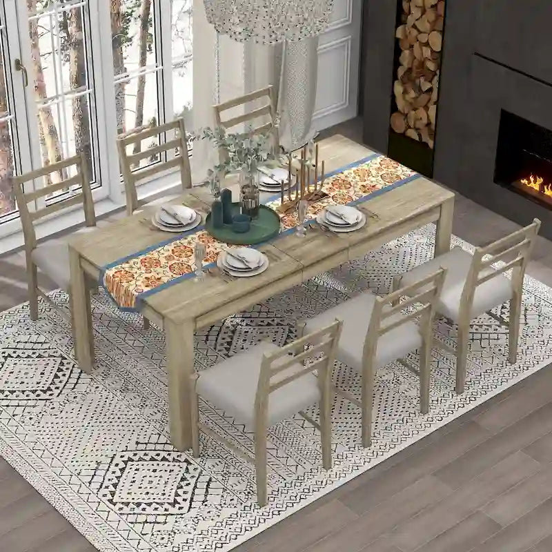 Set da pranzo di 7 pezzi in legno con 6 sedie e tavolo allungabile