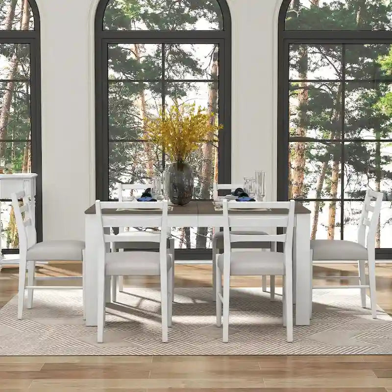 Set da pranzo di 7 pezzi in legno con 6 sedie e tavolo allungabile