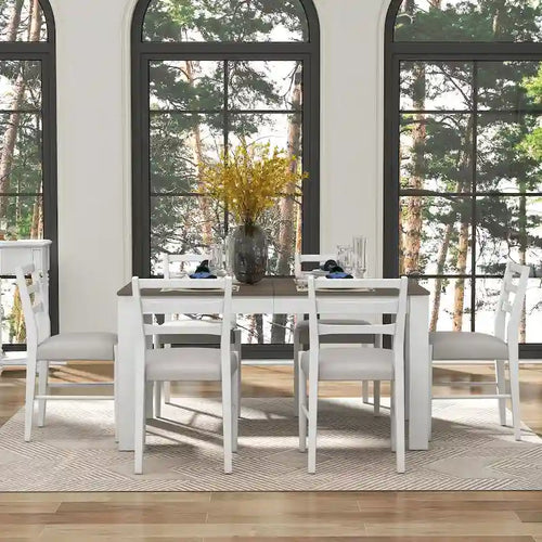 Set da pranzo di 7 pezzi in legno con 6 sedie e tavolo allungabile