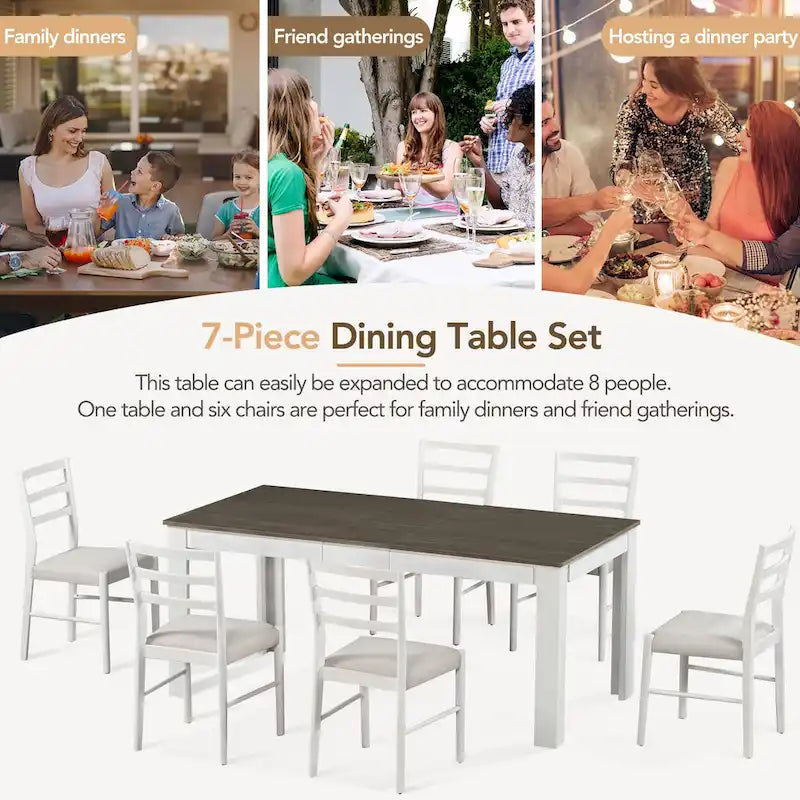 Set da pranzo di 7 pezzi in legno con 6 sedie e tavolo allungabile
