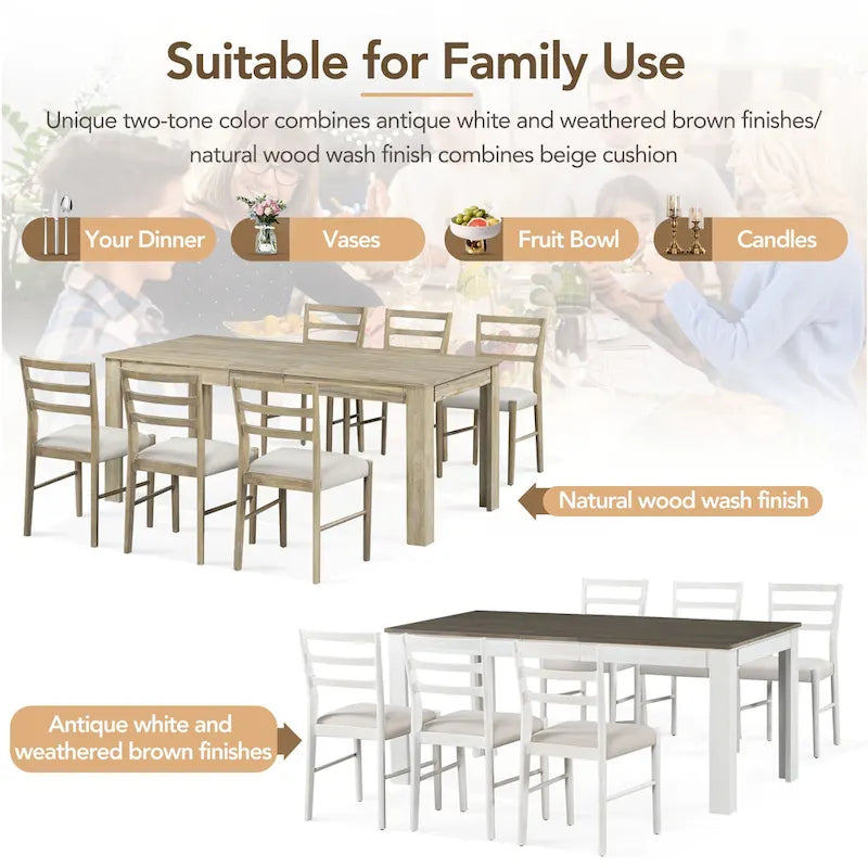 Set da pranzo di 7 pezzi in legno con 6 sedie e tavolo allungabile