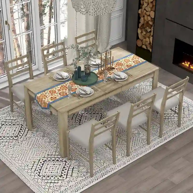 Set da pranzo di 7 pezzi in legno con 6 sedie e tavolo allungabile