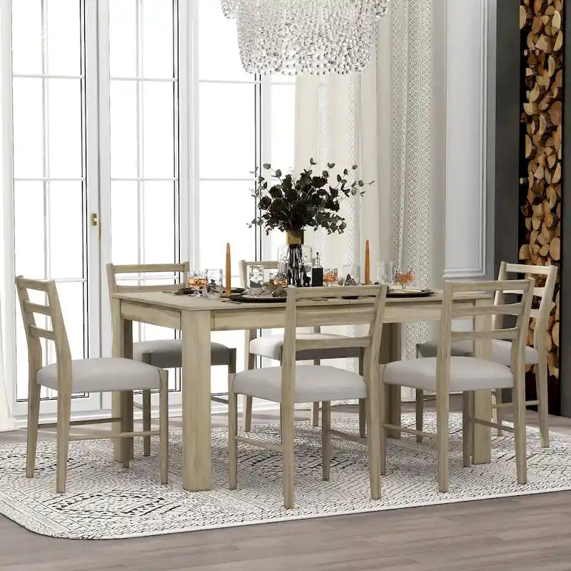 Set da pranzo di 7 pezzi in legno con 6 sedie e tavolo allungabile