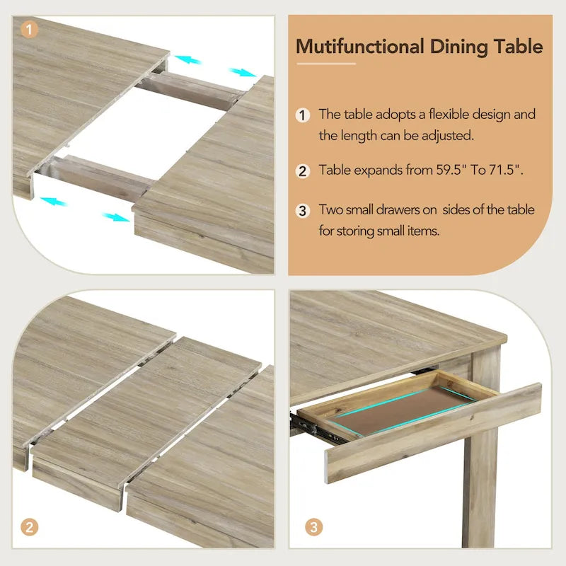 Set da pranzo di 7 pezzi in legno con 6 sedie e tavolo allungabile