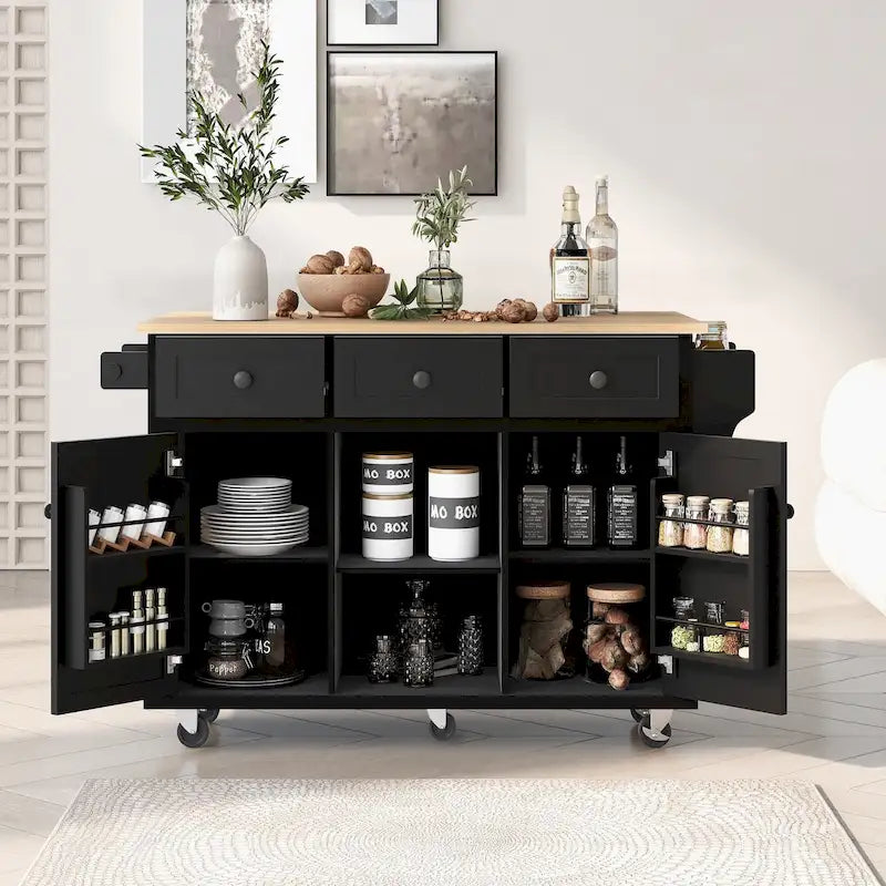 Carrello da Cucina su 5 Ruote, Mobile Bar per Colazione, Isola da Cucina con Ruote e Ribalta, 3 Cassetti e Ripiani Rimovibili