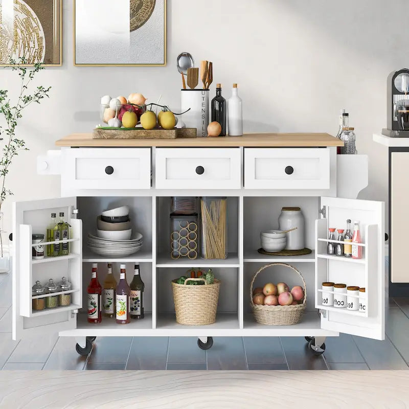Carrello da Cucina su 5 Ruote, Mobile Bar per Colazione, Isola da Cucina con Ruote e Ribalta, 3 Cassetti e Ripiani Rimovibili