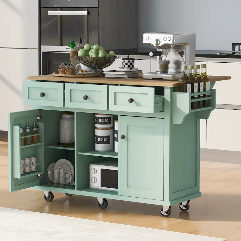 Carrello da Cucina su 5 Ruote, Mobile Bar per Colazione, Isola da Cucina con Ruote e Ribalta, 3 Cassetti e Ripiani Rimovibili