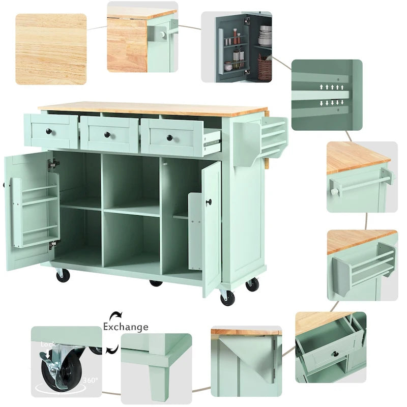 Carrello da Cucina su 5 Ruote, Mobile Bar per Colazione, Isola da Cucina con Ruote e Ribalta, 3 Cassetti e Ripiani Rimovibili
