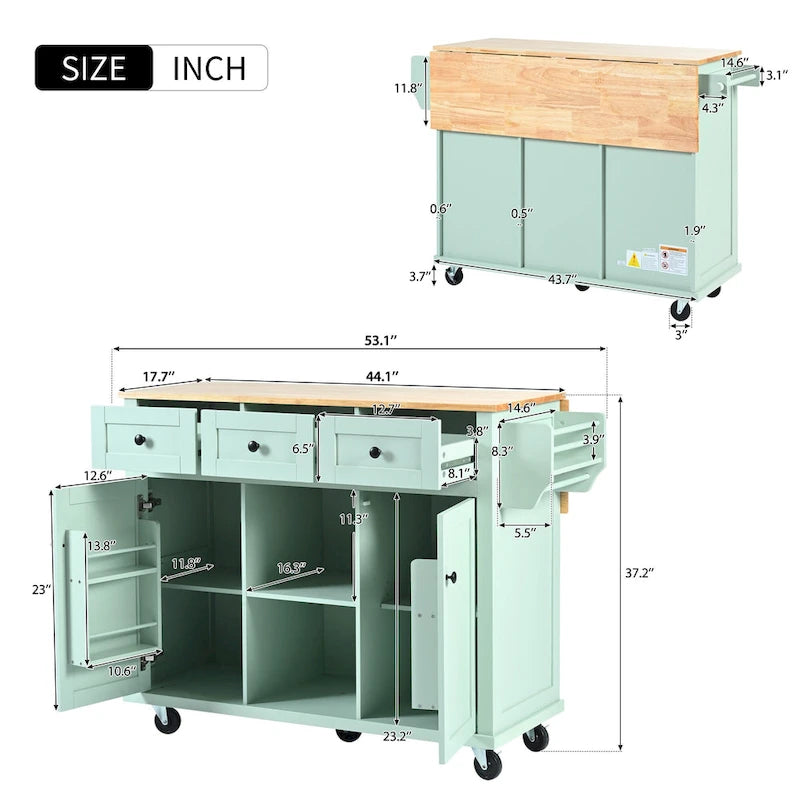 Carrello da Cucina su 5 Ruote, Mobile Bar per Colazione, Isola da Cucina con Ruote e Ribalta, 3 Cassetti e Ripiani Rimovibili