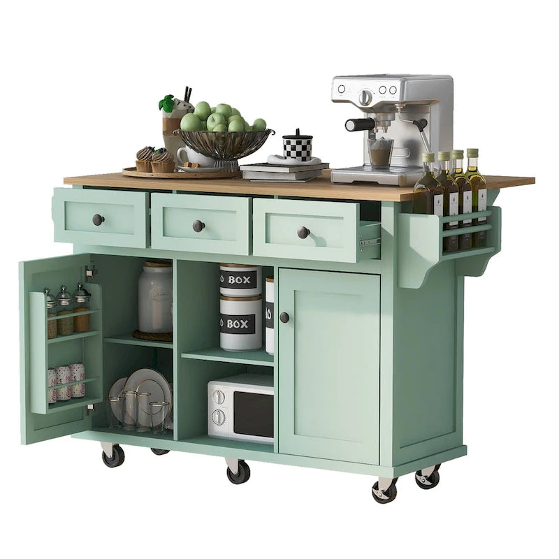 Carrello da Cucina su 5 Ruote, Mobile Bar per Colazione, Isola da Cucina con Ruote e Ribalta, 3 Cassetti e Ripiani Rimovibili