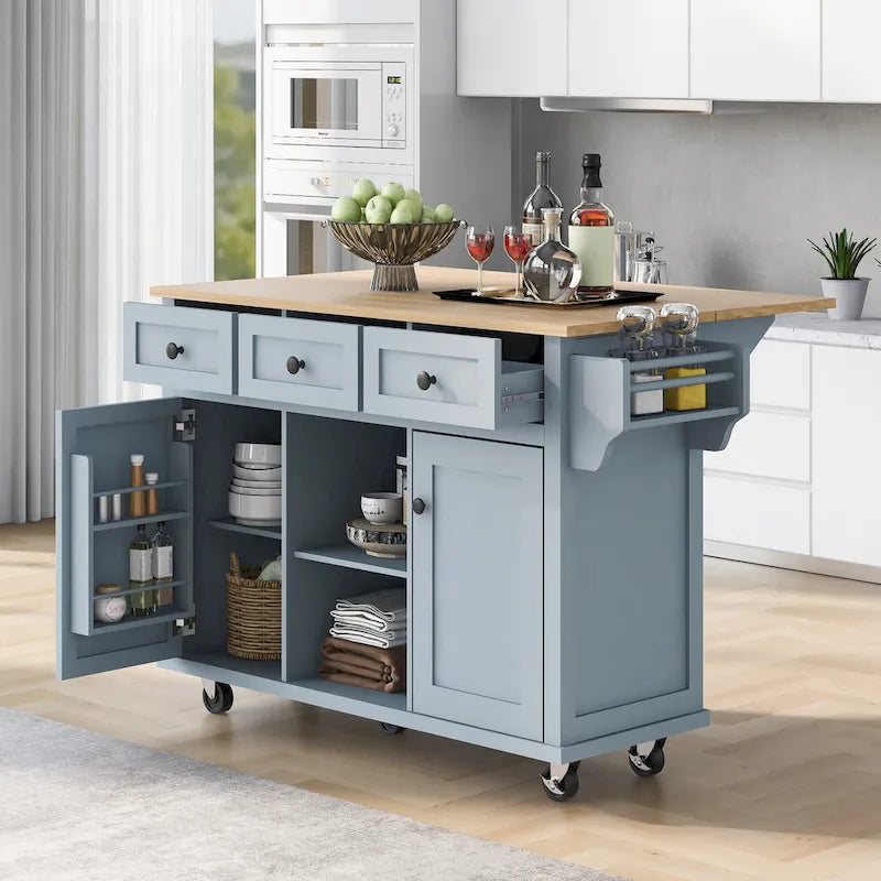 Carrello da Cucina su 5 Ruote, Mobile Bar per Colazione, Isola da Cucina con Ruote e Ribalta, 3 Cassetti e Ripiani Rimovibili