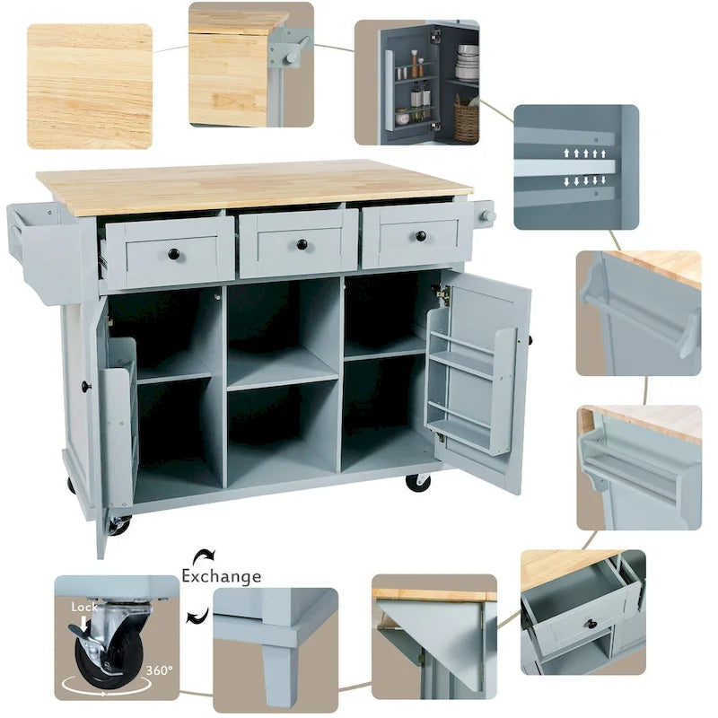 Carrello da Cucina su 5 Ruote, Mobile Bar per Colazione, Isola da Cucina con Ruote e Ribalta, 3 Cassetti e Ripiani Rimovibili