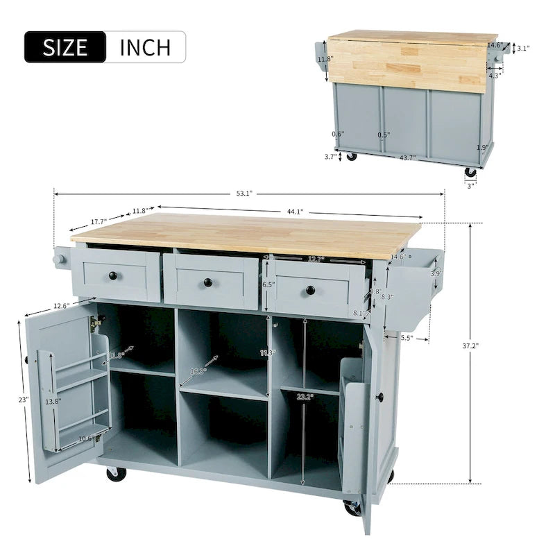 Carrello da Cucina su 5 Ruote, Mobile Bar per Colazione, Isola da Cucina con Ruote e Ribalta, 3 Cassetti e Ripiani Rimovibili