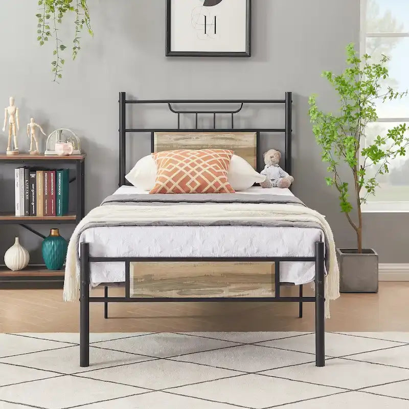Struttura letto industriale con testiera in legno, singola/matrimoniale/queen-size, nera/marrone/grigio ardesia