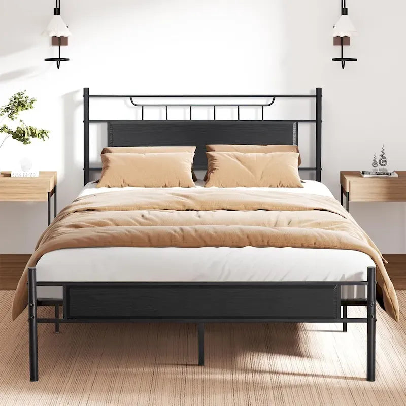 Struttura letto industriale con testiera in legno, singola/matrimoniale/queen-size, nera/marrone/grigio ardesia